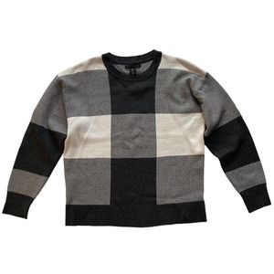 Tahari Buffalo Plaid Stretch Knit Sweater Size Large Gray White